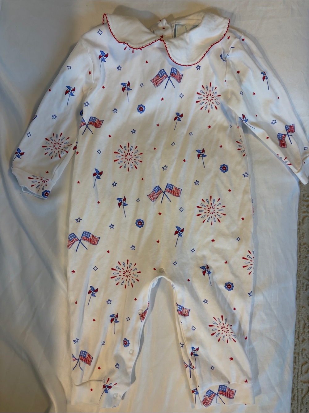 Little English White One-Piece with Red & Blue Flag and Firework Print